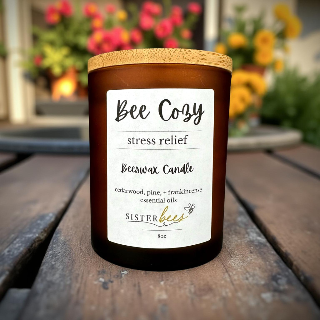 "Cozy Bee" Beeswax Candle - Stress Relief -Glass + Bamboo