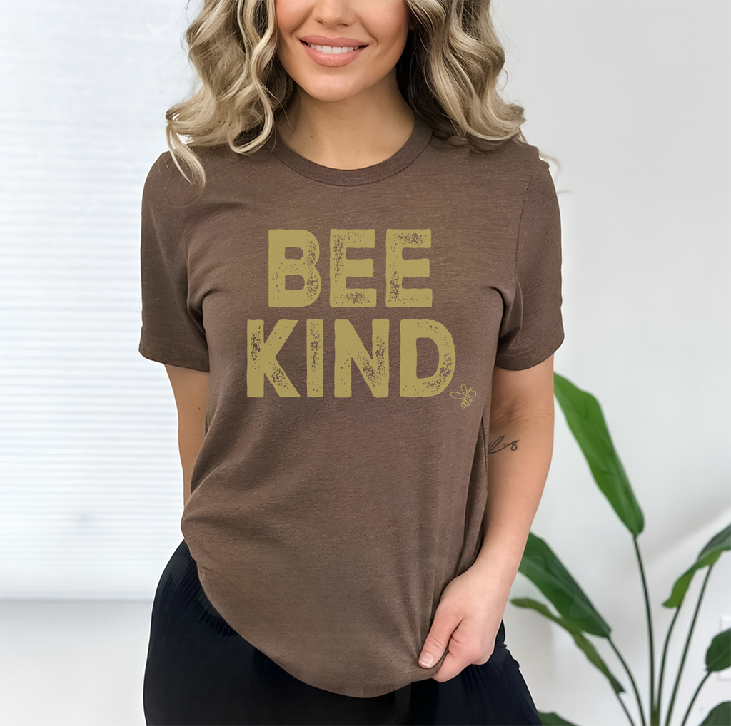 "Bee" Kind T-Shirt (brown with yellow lettering)