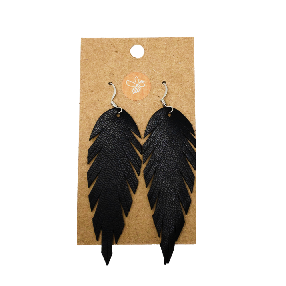 Single Feather Handmade Leather Earrings- Black.